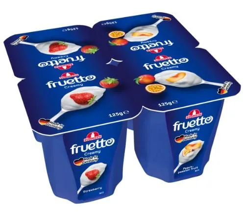 Rauginto pieno desertas FRUTO CREAMY, su braškėmis, persikais ir pasiflorais,125 g 4,7 % rieb