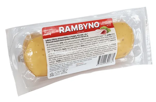 Rūkytas lydytų sūrių produktas RAMBYNO, su kmynais, 45%, 250 g