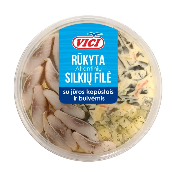 Rūkyti silkių gabaliukai su jūros kopūstais, garstyčiom ir bulvėm, 200 g