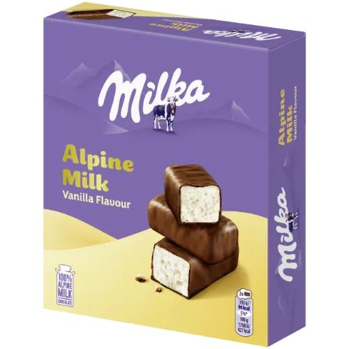 Saldainiai  MILKA MAM su puriu vanilės skonio įdaru iš Alpių pieno, 330 g