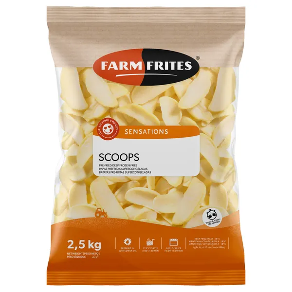 Šaldyti išskaptuoti bulvių laiveliai FARM FRITES Scoops, 2,5 kg