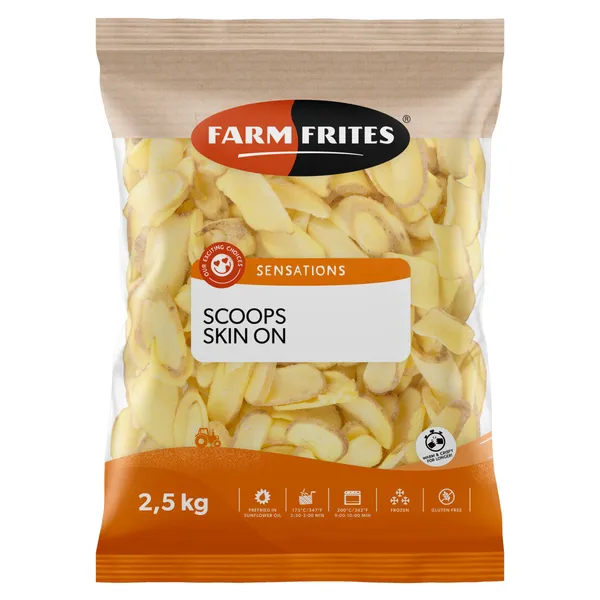 Šaldyti išskaptuoti bulvių laiveliai su odele FARM FRITES Scoops Crispy Coated, 2,5 kg