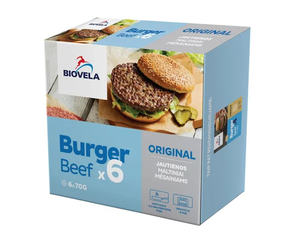 Šaldyti jautienos maltiniai mėsainiams BIOVELA, užsaldyti, 6x70 g