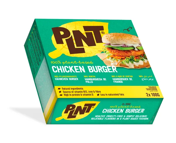 Šaldyti veganiški mėsainių paplotėliai PLNT Chicken Burger, kviečių baltymų pagrindu 2x100g