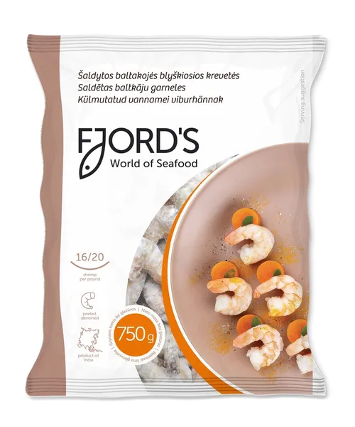Šaldytos baltakojės blyškiosios krevetės FJORD'S, 16/20 nevirtos,be galvų,lukštentos, valytos,0,75kg