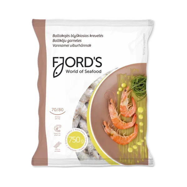 Šaldytos baltakojės blyškiosios krevetės FJORD'S, su galva, su kiautu, nevirtos, 70/80, 750 g