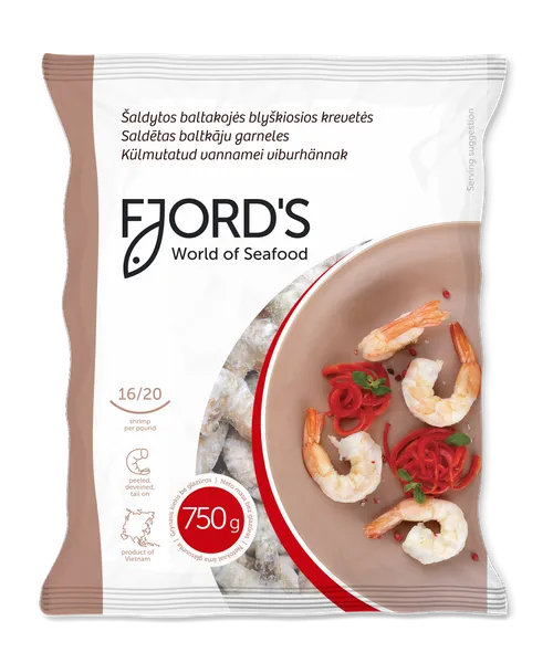 Šaldytos baltakojės blyškiosios krevetės, nevirtos, luptos, su uodega, 16/20, 25% glazūros, 0,75/1kg