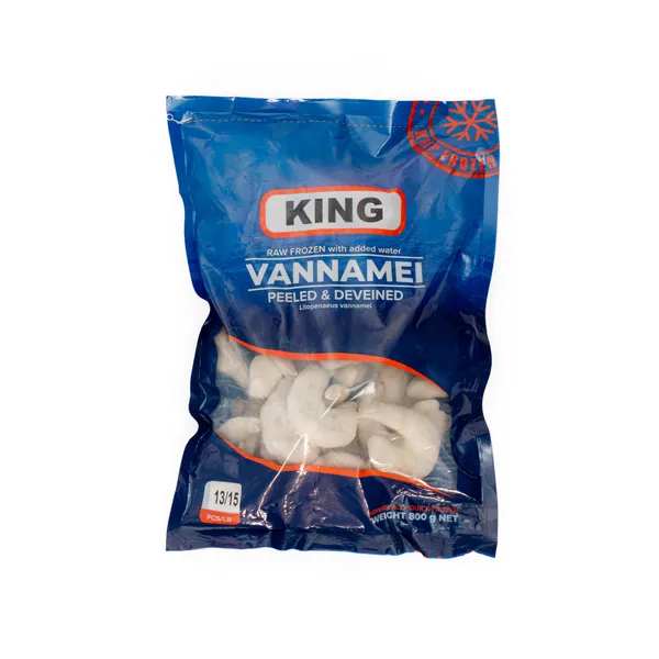 Šaldytos baltakojės blyškiosios krevetės,nevirtos,lukštentos,su uodegomis,13/15,20% glazūra, 800g