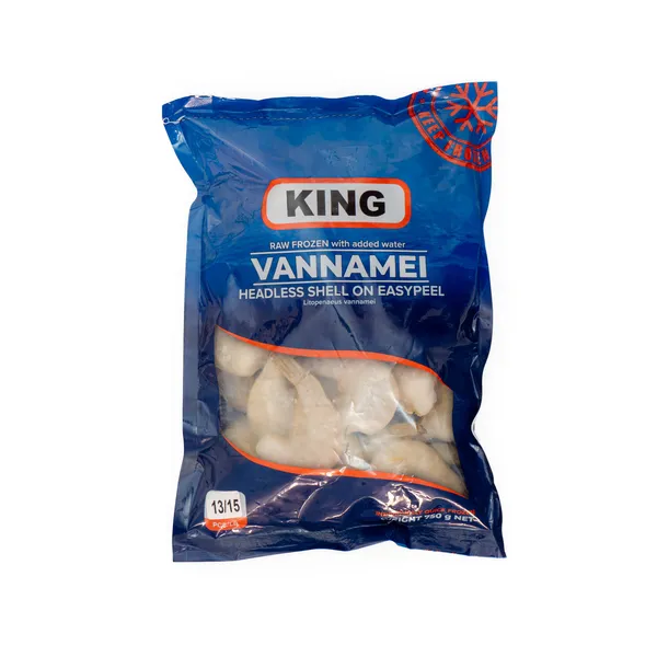 Šaldytos baltakojės krevetės,nevirtos,be galvos,su kiautu,lengvai lupamos,13/15,25% glazūra,750g