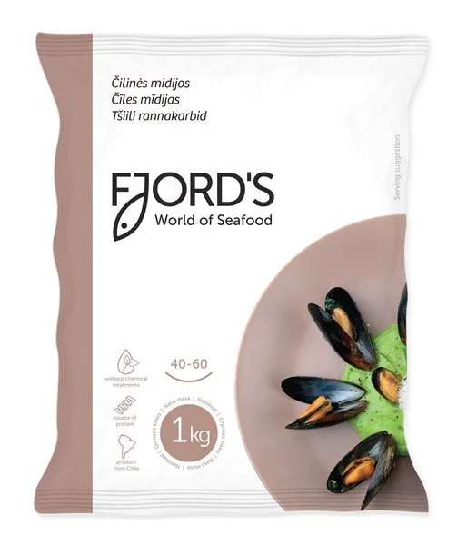 Šaldytos Čilinės midijos FJORD'S,virtos,su kiautu,40/60,1kg