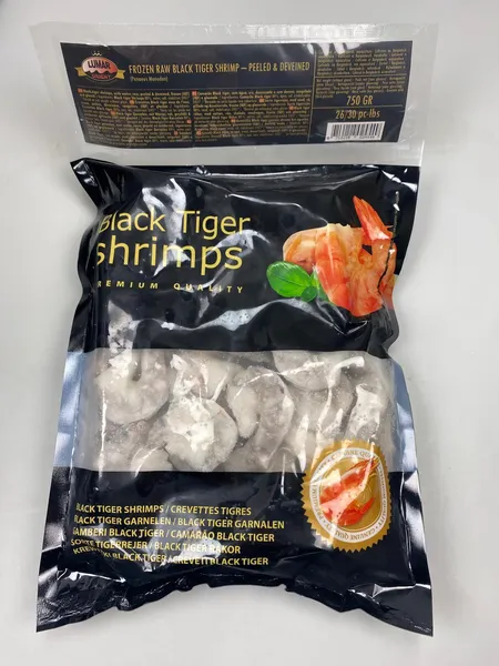 Šaldytos didžiosios tigrinės krevetės,nevirtos,lukštentos,valytos,26/30,25% glazūros,750g