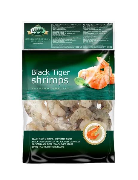 Šaldytos didžiosios tigrinėskrevetės,nevirtos,lukštentos,valytos,13/15,20% glazūra,800g