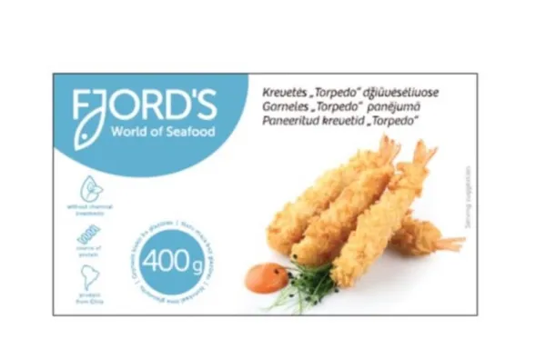 Šaldytos krevetės džiūvėsėliuose Fjords, Torpedo, su uodega, 400g