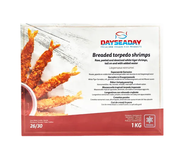 Šaldytos krevetės Torpedo, džiūvesėliuose, su uodega, 26/30,1kg