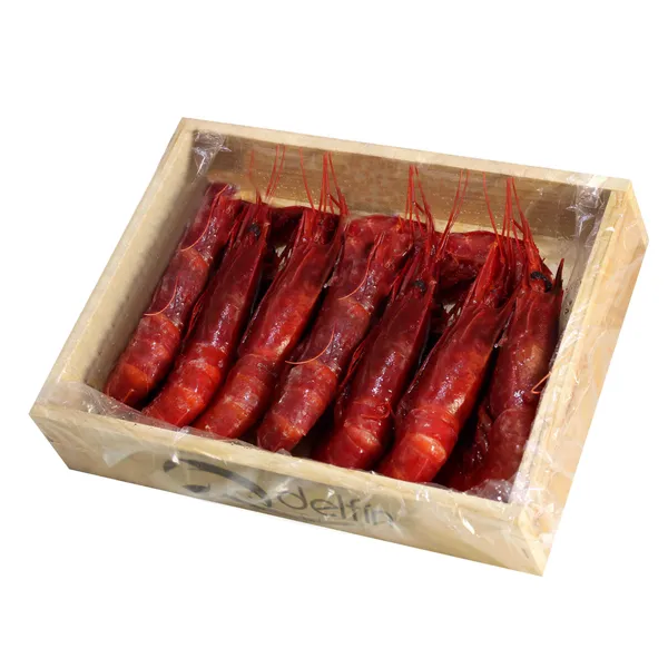Šaldytos raudonosios krevetainės medinėje dėžutėje, su galva, su kiautu, 30/40, 250 g