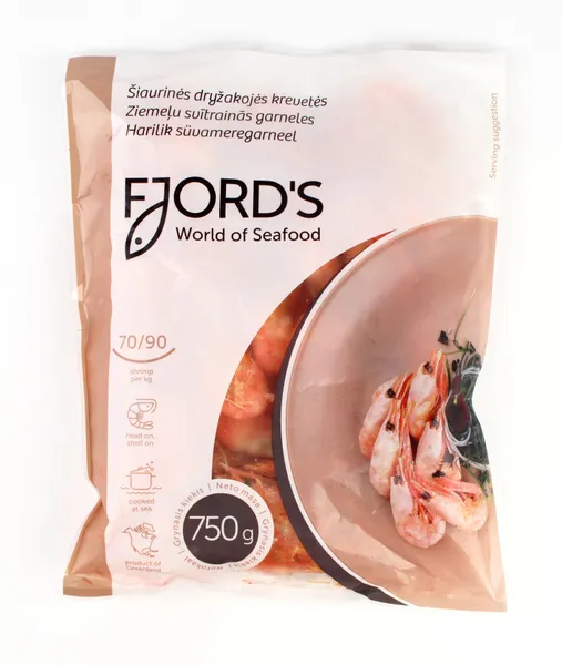 Šaldytos šiaurinės dryžakojės krevetės FJORDS, virtos,su galva, su kiautais, 70-90, 2%glazūros,750g