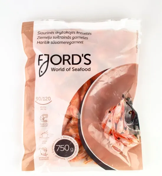 Šaldytos šiaurinės dryžakojės krevetės FJORDS, virtos,su galva, su kiautais, 90-120, 2%glazūros,750g