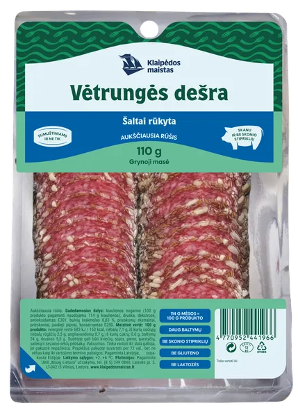 Šaltai rūkyta, Vėtrungės dešra, KLAIPĖDOS MAISTAS, a.r., pjaustyta, 110g