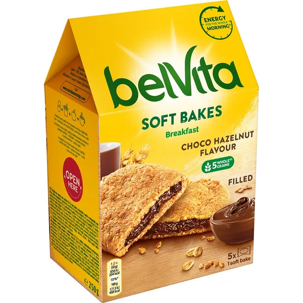 Sausainiai BELVITA su šokolado ir lazdyno riešutų skonio įdaru, 250g