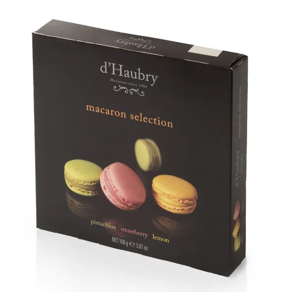 Cepumi D'HAUBRY Macaroons, pistācijas, zemeņu, citrona garša, 108g