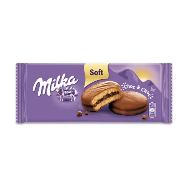 Sausainiai MILKA biskvitiniai su kakaviniu įdaru ir šokolado gabaliukais, 150g