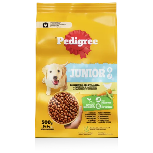 Barība suņiem Pedigree Junior ar mājp.gaļu un dārzeņiem 500g