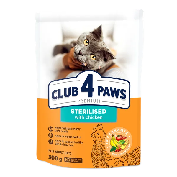 Sausas kačių ėdalas CLUB 4 PAWS sterilizuot., su vištiena, 300 g