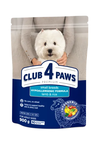 Sausas šunų ėdalas CLUB 4 PAWS mažoms veislėms, su ėriena ir ryžiais, 900 g