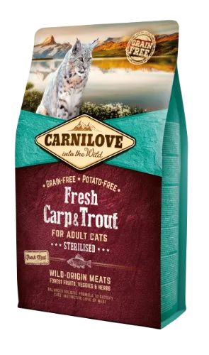 Sausas visavertis pašaras katėms CARNILOVE, Carp and Trout Sterilised for Adult, 2 kg