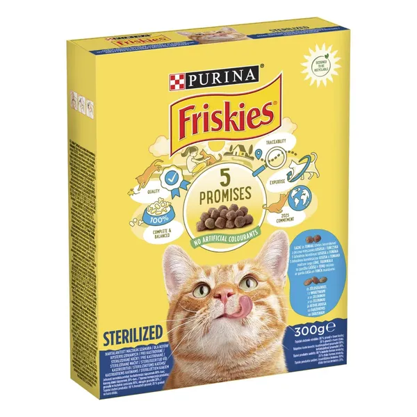Sausas visavertis pašaras katėms FRISKIES, lašiša-daržovės,sterilizuotoms  300g