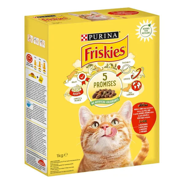 Sausas visavertis pašaras katėms FRISKIES, su jautiena, vištiena, daržovėmis, 1 kg