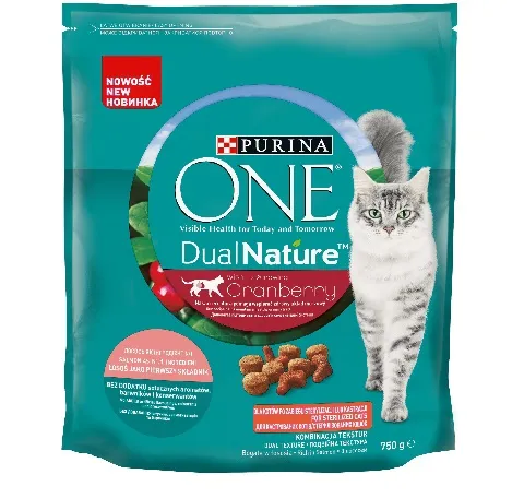Sausas visavertis pašaras katėms ONE Dual N. Adult Crnbry Steril., su lašiša, 750g