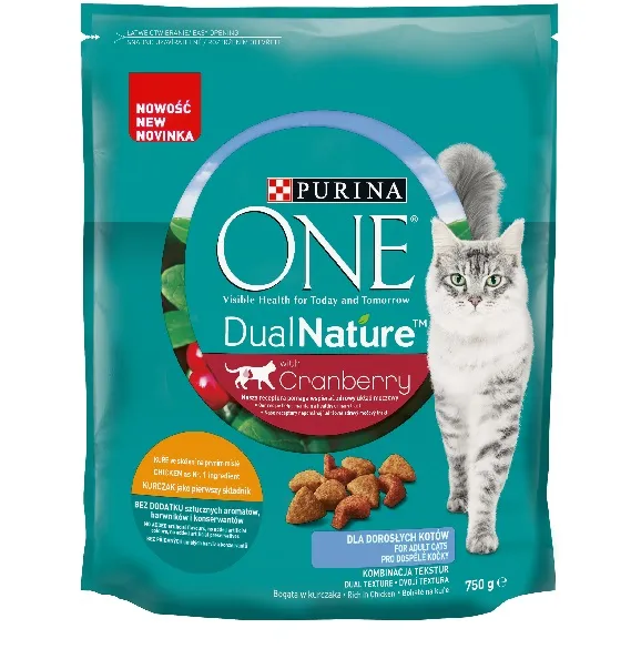 Sausas visavertis pašaras katėms ONE Dual N. Adult Crnbry, su vištiena, 750g