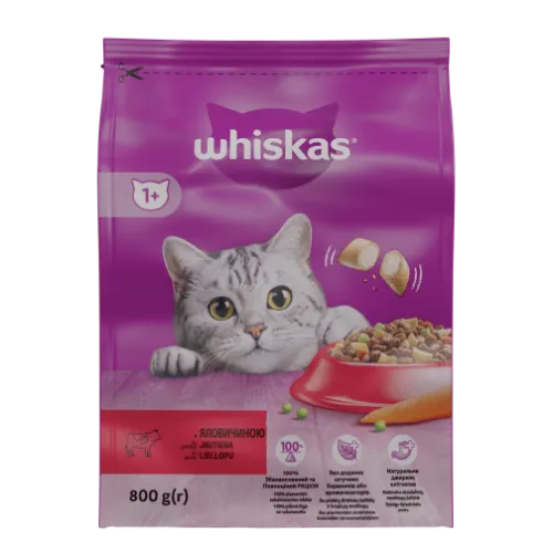 Barība kaķiem Whiskas ar liellopa gaļu 800g
