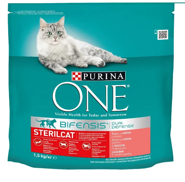 Sausas visavertis pašaras ONE, sterilizuotoms katėms, su lašiša,1.5 kg