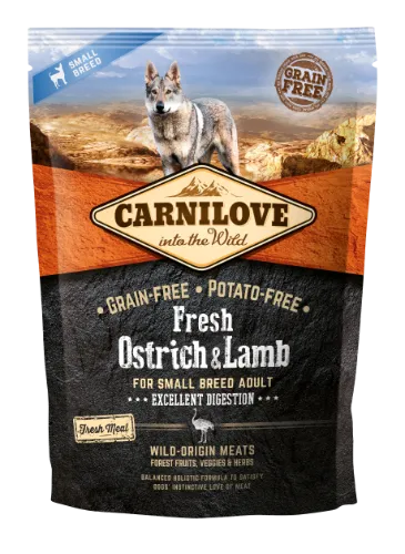 Sausas visavertis pašaras šunims CARNILOVE Fresh Ostrich and Lamb for small breed, 1,5 kg
