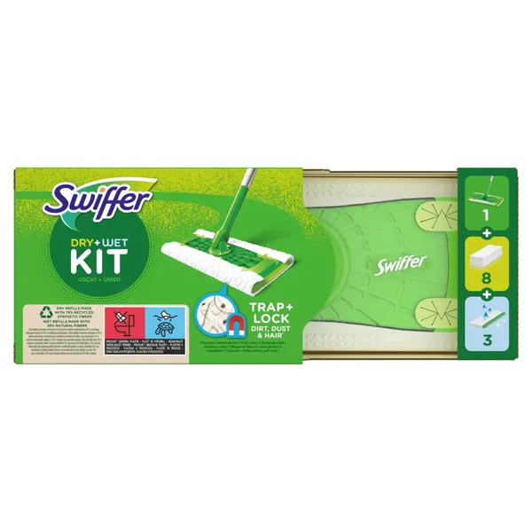 Sausos (8vnt.) ir šlapios (3vnt.) grindų šluostės su šluota SWIFFER, rinkinys