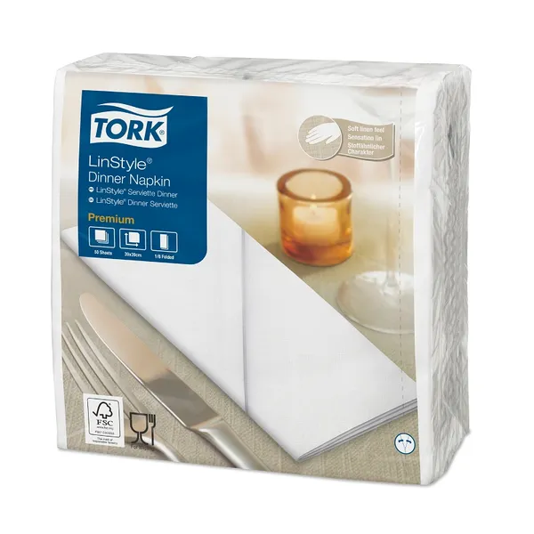 Banketu salvetes TORK LinStyle, 39x39cm, baltas, 1/8 locījums, 50gab