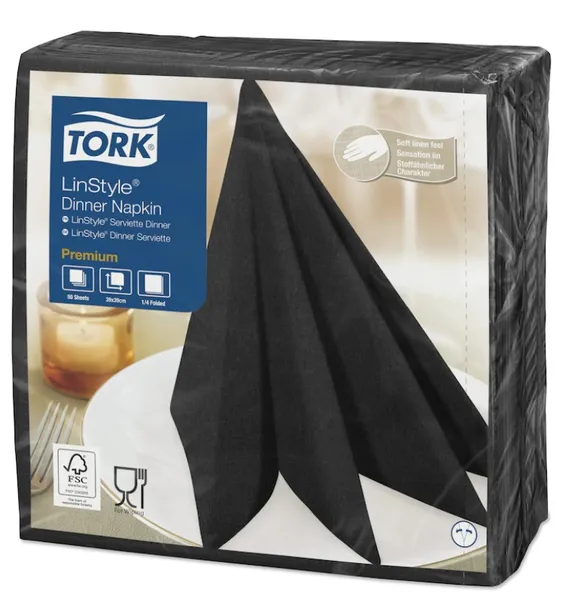 Servetėlės LINSTYLE Dinner, juodos, 1/4 lankstymo, 39 x 39 cm, 50 vnt, 478726