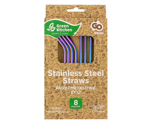 Šiaudeliai RAINBOW, su šepetėliu, nerūdijantis plienas, 8 vnt