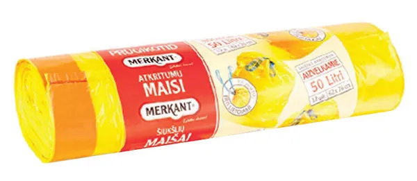 Šiukšlių maišai MERKANT, 50 l, 25 mk, užrišami,  geltoni, 12 vnt.