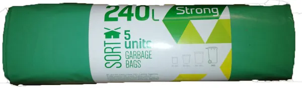 Šiukšlių maišai SORTEX, 240 l, 50 mk, 90 x 120 cm, žali, 5 vnt.