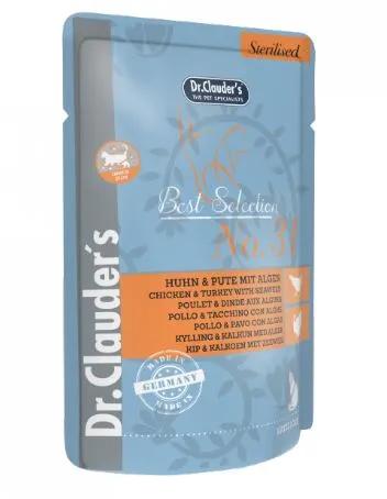 Šlapias ėdalas katėms DR. CLAUDER'S, sterilizuotoms, su vištiena, antiena, jūros dumbliais, 85 g