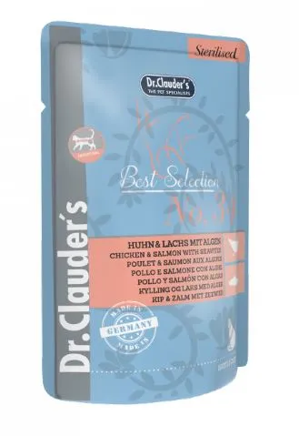 Šlapias ėdalas katėms DR. CLAUDER'S, sterilizuotoms, su vištiena, lašiša, jūros dumbliais, 85 g