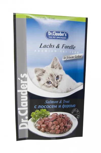 Šlapias ėdalas katėms DR. CLAUDER'S, su  lašiša ir upėtakiu, drebučiuose, 100 g