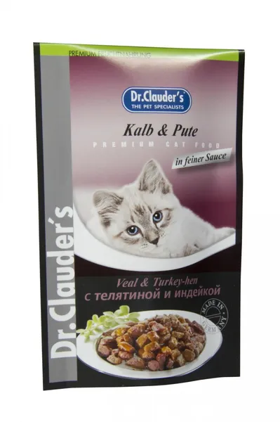 Šlapias ėdalas katėms DR. CLAUDER'S, su veršiena ir kalakutiena, drebučiuose, 100 g