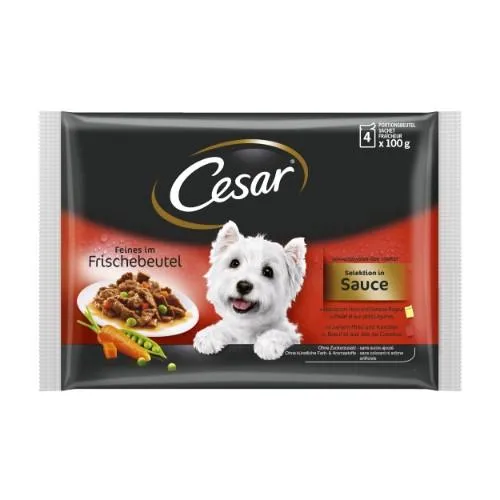 Šlapias ėdalas šunims CESAR, rinkinys su jautiena ir morkomis, vištiena ir daržovėmis, 4x100 g