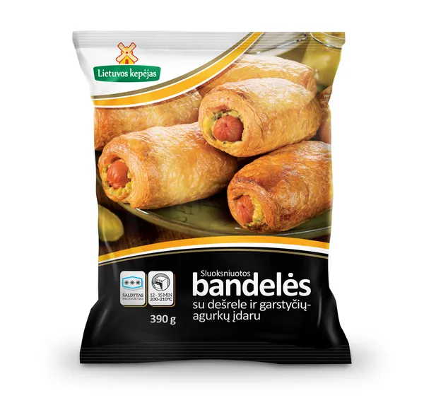 Sluoksniuotos bandelės su dešrele, garstyčių, agurkų įdaru 65 g x 6 vnt