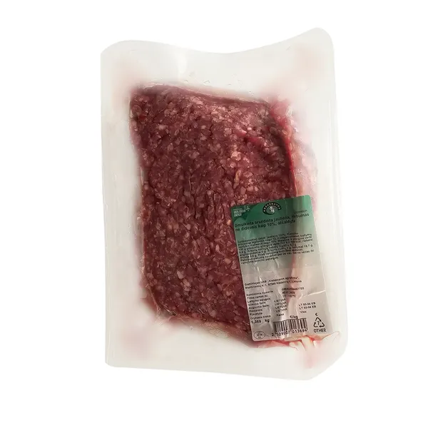 Smulkinta jautiena brandinta riebumas ne didesnis kaip 10% vakuume po 2.0kg