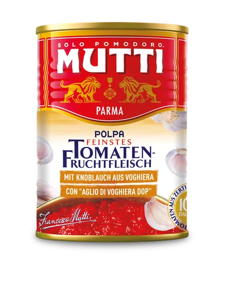 Tomāti, sasmalcināti MUTTI ar ķiplokiem, 400g